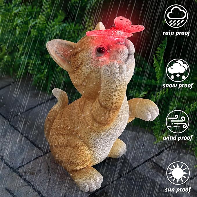 Solar Garden Statue Cat Figurine,Resin Cat Statue Playing Butterfly,Outdoor Decoration for Patio,Balcony,Yard, Lawn-Unique Housewarming Gift for Garden Mom Grandma