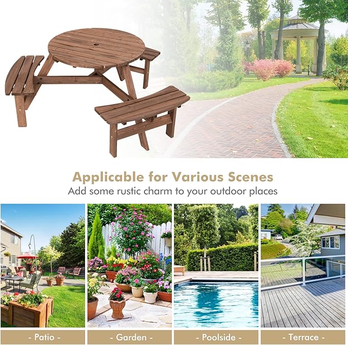Tangkula 6 Person Wood Picnic Table, Outdoor Round Picnic Table with 3 Built-in Benches, Umbrella Hole, Outside Table and Bench Set for Garden, Backyard, Porch, Patio, 500lbs Capacity Per Bench