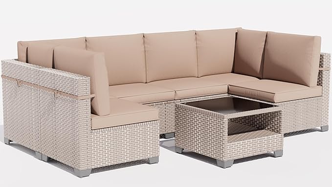 11 Pieces Patio Furniture Set, Outdoor Sectional Wicker Sofa with Thick Cushions and Storage Coffee Table, Rattan Patio Conversation Sets for Deck Garden Poolside, Khaki