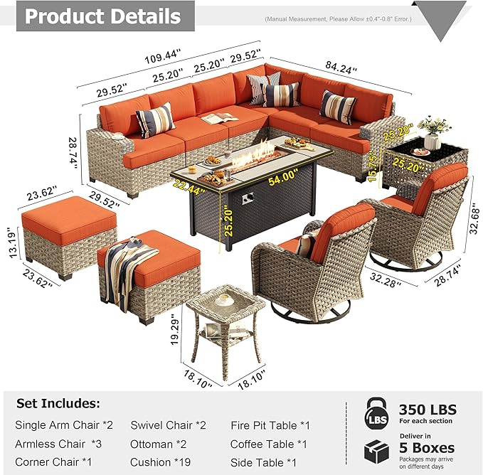 HOOOWOOO Outdoor Sectional Patio Furniture Set with Fire Pit Table,13 Pieces Wicker Conversation Sets L Shaped Couch,Extra Deep Out Door Sofa Outside Furniture with Swivel Chairs Ottomans,Brick Red