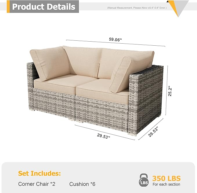 HOOOWOOO Patio Sectional Furniture Set,2 Piece Couch Set with 2 Matching Corner Chairs(Beige)