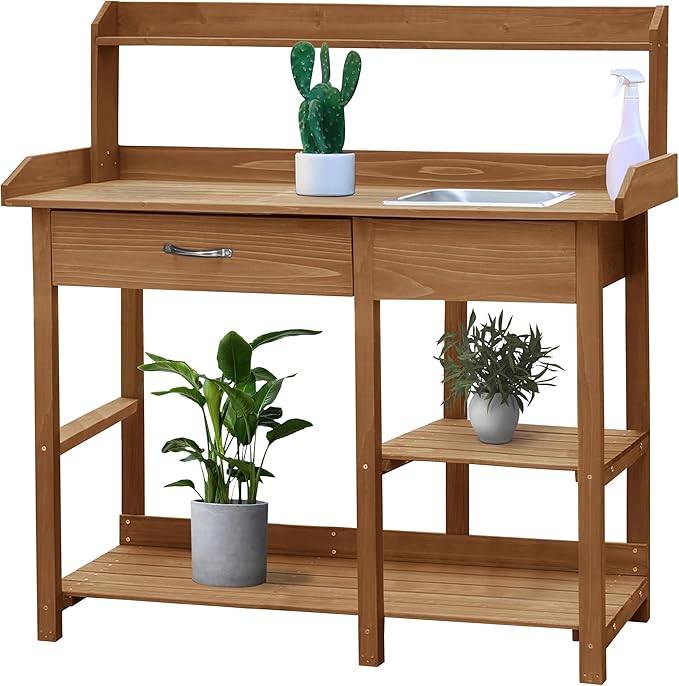 BlueWish Potting Bench, Potting Benches for Outside, Potting Benches & Tables with Drawer, Adjustable Shelf Rack, Removable Sink, Three Hook
