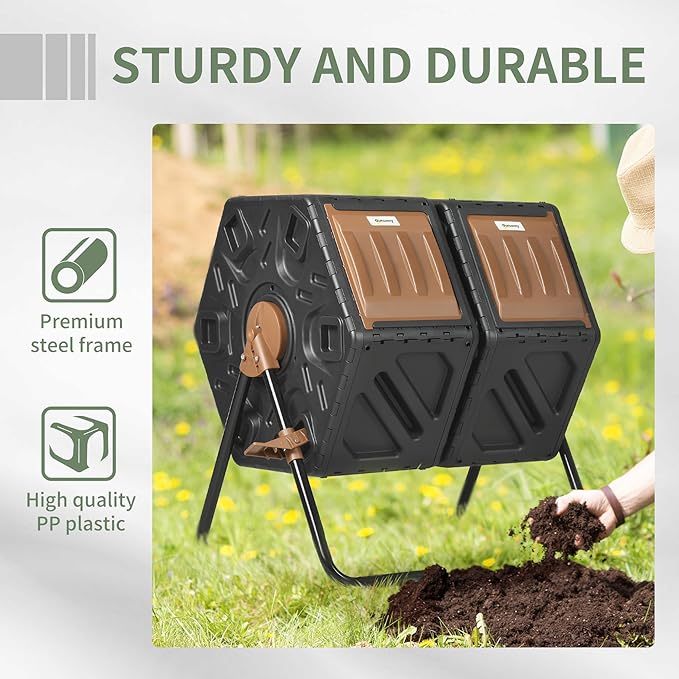 Compost Bin Outdoor, 43 Gallon Dual Chamber Tumbling Composting with Sliding Doors, Large Compost Tumbler, Compost Bin for Garden, Kitchen, and Yard Waste, Black+Brown