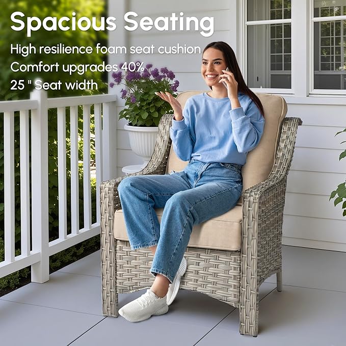 5 Pieces Patio Outdoor Furniture Set with Swivel Rocking Chairs,All Weather Wicker Rattan Patio Seating Sofa and Chair Set w/Glowing Table,Outdoor Conversation Sets for Deck Yard Garden,Beige