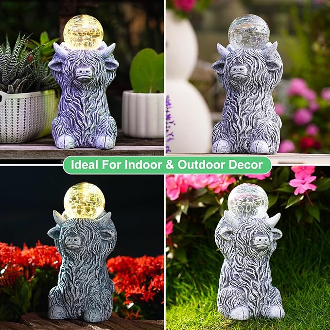 Goodeco Highland Cow with Solar Gazing Ball Lights – 8.2 Inch Garden Statue for Home & Outdoor Decor, Highland Cow Gifts for Yard & Patio (Gray)