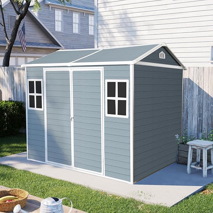 8x6 FT Resin Storage Sheds Outdoor with Floor, 2 Windows & Lockable Door Storage Shed - Waterproof Garden Tool Shed, Patio & Backyard Tool Storage Cabinet Use - Gray