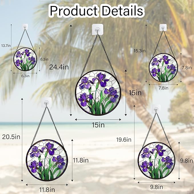 Stained Glass Window Hanging - Purple Iris Flower Sun Catcher for Door Terrace Garden Home Decor, Green Plants Suncatcher Birthday Gifts for Lovers Women Men Dad Mom Nana 7.8 in