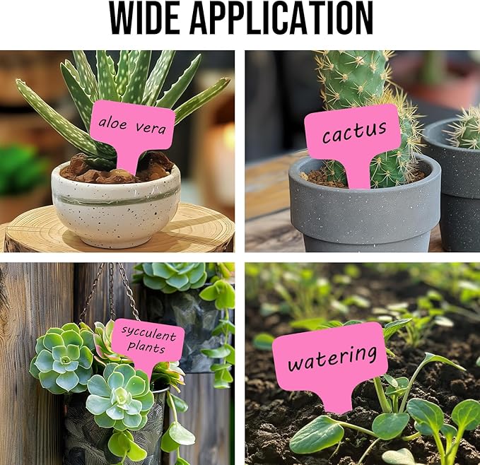 Plant Labels 200 Pcs Yuanling T-Type Plastic Garden Tags Waterproof Plant Sign Stakes Nursery Garden Makers for Seedlings Flower Vegetables Herb Potted Belt Permanet Marker Pen (Pink)