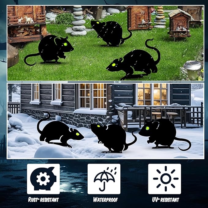 WILLBOND 3 Pack Halloween Metal Black Mouses with Reflective Eyes Halloween Yard Lawn Stakes Garden Scare Animal Silhouette Statues Stakes for Home Yard Outdoor Decorations