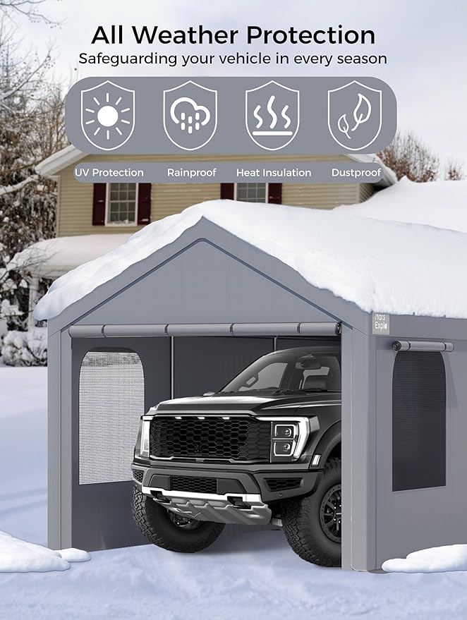 Carport, 10 x 20 FT Portable Garage Heavy Duty, Carport Canopy with Sidewalls Roll-Up Door & Windows, Car Port Canopy Tent Reinforced with Extended Skirt for Truck, Boat, Car Shed (Light Gray)