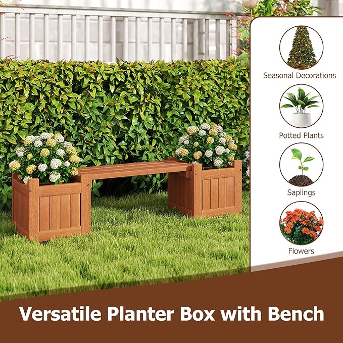 Giantex 2-in-1 Outdoor Bench with 4 Planter Boxes, Wood with Teak Oil Finish, Raised Garden Beds with Open-Ended Base, Garden Bench Seat for Porch Balcony Lawn Yard, DIY Assembly, 42"x11"x11.5"