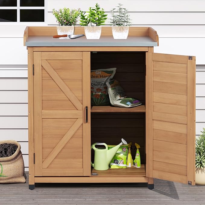 Outdoor Storage Cabinet & Potting Bench Table with Metal Top (Light Brwon, 39x31.5x17in)