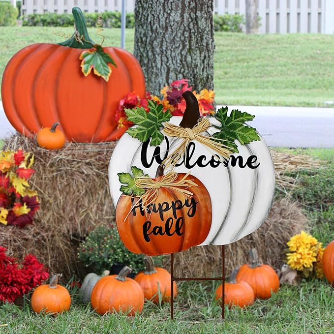 Morning View Stacked Pumpkin Garden Stakes Metal Welcome Yard Sign Happy Fall Decor Outdoor Autumn Yard Stake Art Pumpkin Lawn Ornaments for Patio Porch Thanksgiving Halloween Harvest 18.5 Inch