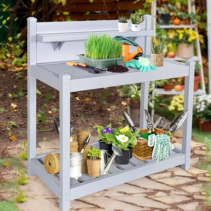EAGLE PEAK Outdoor Indoor Maintenance Free Vinyl Garden Potting Bench, Waterproof Potting Table with Open Shelf, Lower Storage, 40inx21.6inx43.9in, Gray