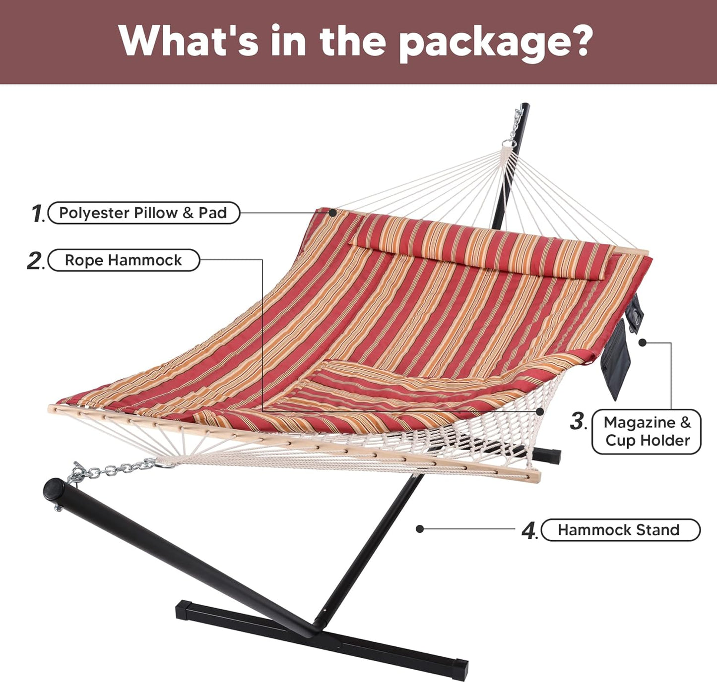 SUNCREAT Hammocks Portable Hammock with Stand, Hammock with Stand 2 Person Heavy Duty for Bedroom, Backyard, Patio, Balcony, Red Stripe
