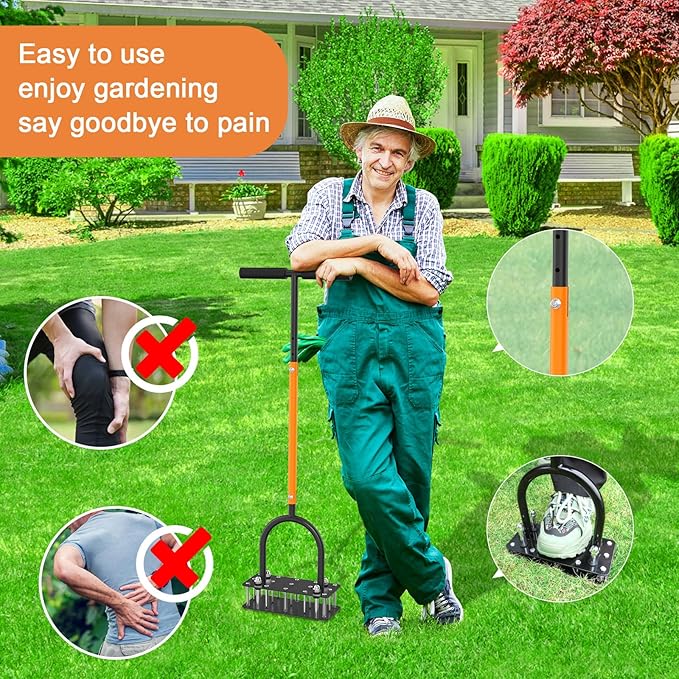 GAINO Lawn Aerator & Aerator Lawn Tool - Manual Yard Aerator for Lawn with 15 Spikes, Automatic Dirt and Leaf Clean Design, Adjustable T-Handle, Pre-Assembled Lawn Aerator Tools (Black + Orange)