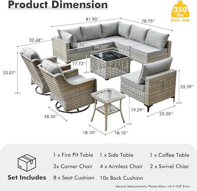 HOOOWOOO Outdoor Patio Furniture Set,10 Pieces Wicker Out Door Sectional Furniture L Shaped Couch,Patio Conversation Sets with Swivel Rocking Chair LED Table,Charcoal Gray
