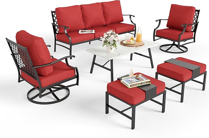 Patio Furniture Set 6 pcs, Outdoor Patio Furniture, 3-Seat Sofa, 2 Swivel Chairs, 2 Ottomans, Coffee Table and 5.75" Extra Thick Cushion, Conversation Set for Backyard Deck, Red