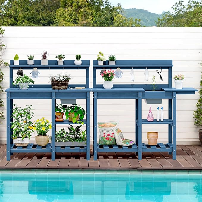 SERWALL Potting Table Outdoor Potting Bench with Sink, HDPE Potting Benches for Outside All Weather Use- Blue
