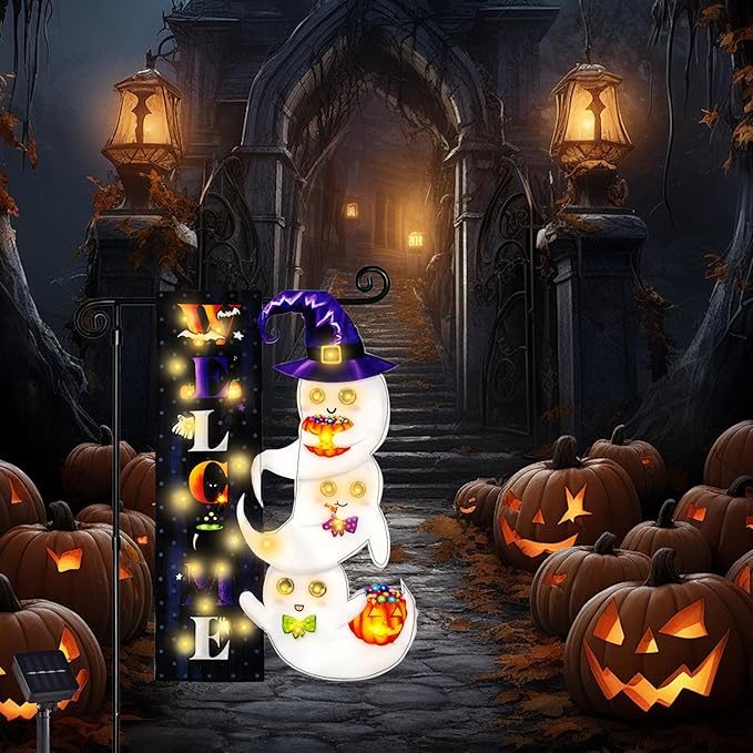 Halloween Lighted Garden Flag, Solar Yard Flag for Outside, 8 Modes Double Sided Welcome Halloween Ghost Outdoor Decorations for Home Porch (Ghost-28x40)