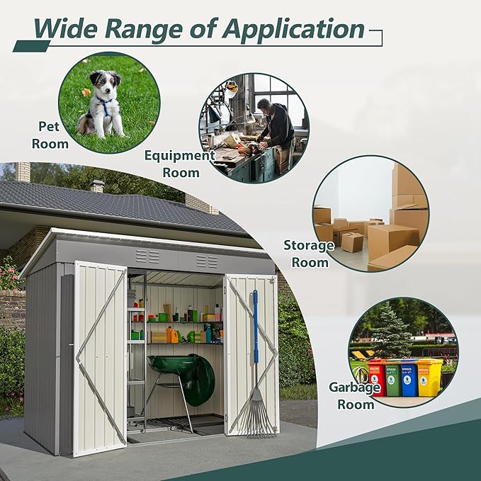 4x8 FT Lean to Outdoor Storage Shed with Floor,Metal Shed W/Lockable Door,All Weather Waterproof Garden Tool House W/ 2 Air Vents,for Backyard,Patio,Lawn,Garden,Gray