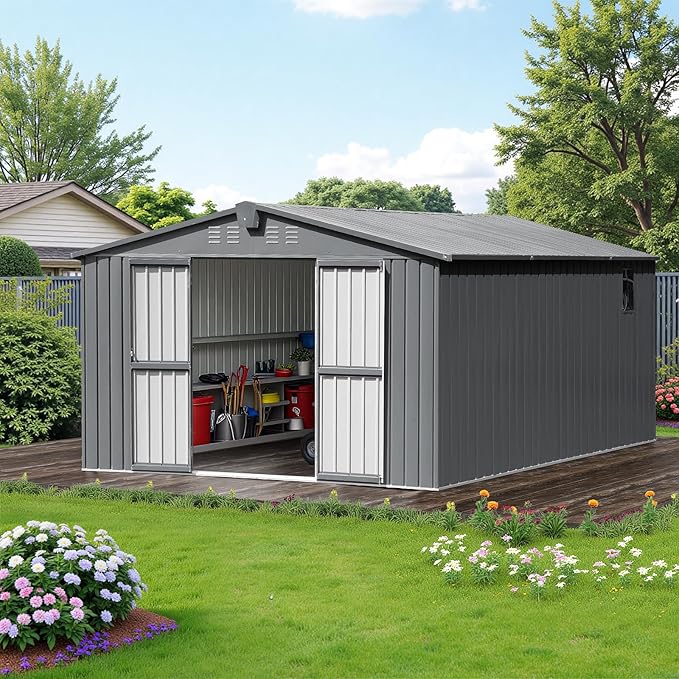 10x12 Ft Large Outdoor Storage Shed, Dark Grey Metal Garden Outdoor Storage Workshop Shed with Lockable Doors, Windows, Air Vents, Waterproof for Backyard, Mower Storage, Backyard, Lawn, Patio