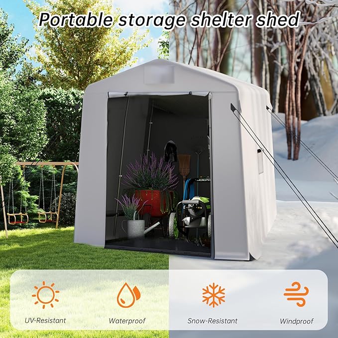 6x8 ft Outdoor Storage Shelter Shed with Roll-Up Zipper Doors & Mesh Windows, Portable Waterproof Storage Tent for Motorcycle, Bike, Firewood, Lawn Mowers, Garden Tools (Gray)