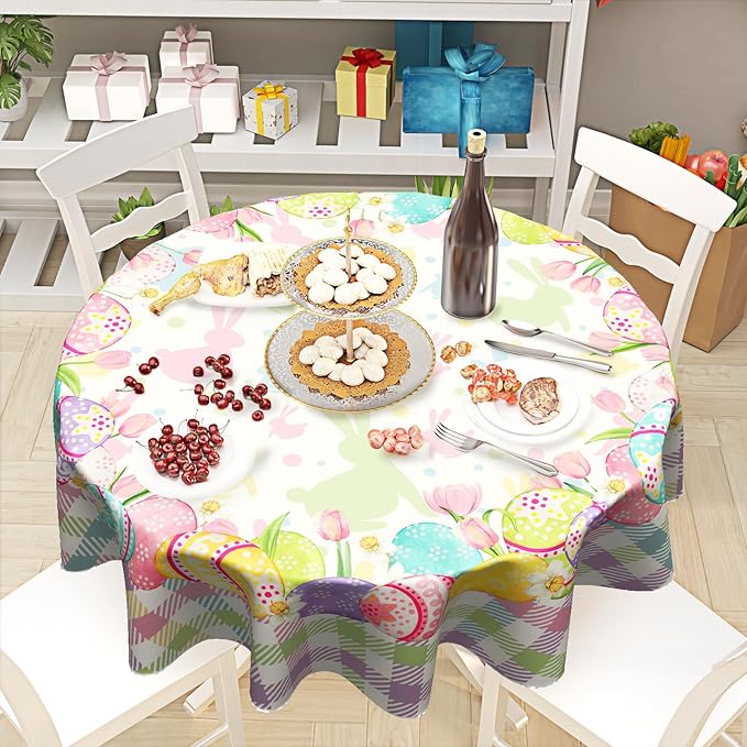 Giwawa Easter Tablecloth Round 60 Inches - Colorful Cute Bunnies Eggs Buffalo Check Plaid Table Cover Washable Stain and Wrinkle Resistant Reusable Table Cloth for Holiday Decor