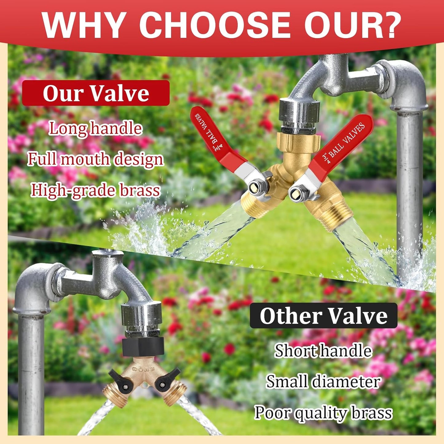 Garden Hose Splitter 2 Way, Brass Water Hose Splitter with Stainless Steel Long Handle, 3/4" GHT Thread Garden Hose Y Splitter, Full Flow Hose Splitter 2 Way Heavy Duty