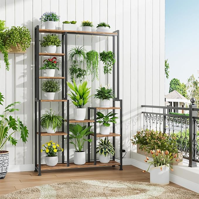 C2 Plant Stand Indoor with Grow Lights, Indoor Tiered Metal Plant Stand 70.87" Tall Plant Shelf with Hooks for Hanging, Plant Holder Display Shelves for Patio, Garden, Outdoor