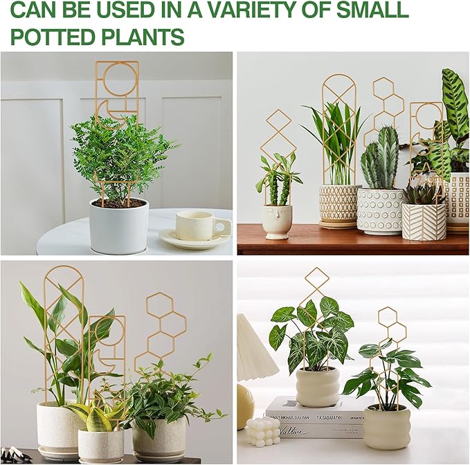 Small Trellis for Potted Plants, 15.94 inch Gold Metal Plant Trellis for Climbing Plants Indoor, Pant Lattice for Ivy Vines Hoya Houseplants Flower 4 Pack