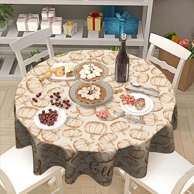 Giwawa Fall Round Tablecloth 60 Inch,Farmhouse Pumpkins Rustic Autumn Reusable Washable Polyester Table Cover for Party Picnic Dinner Indoor Outdoor Use and Seasonal Holiday Decor