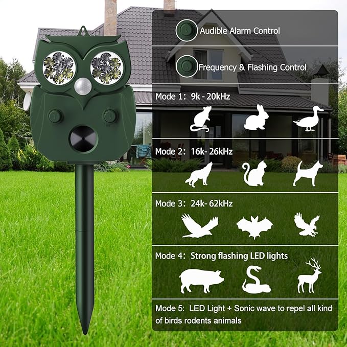 Animal Repellent Outdoor Solar Powered, Ultrasonic Deer Squirrel Skunk Rabbit Rodent Dog Deterrents Waterproof Animal Repeller, Pest Control for Gardens, Deter Mice, Snake, Squirrels, Rodents