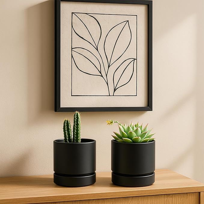 Phoenix Vine 4 Inch Planter Pot with Drainage Hole & Saucer, Deep Water Catch Tray, Straight Cylindrical Round Pot for Plants, Matte Black, Pack of 3, 23-C-R-3