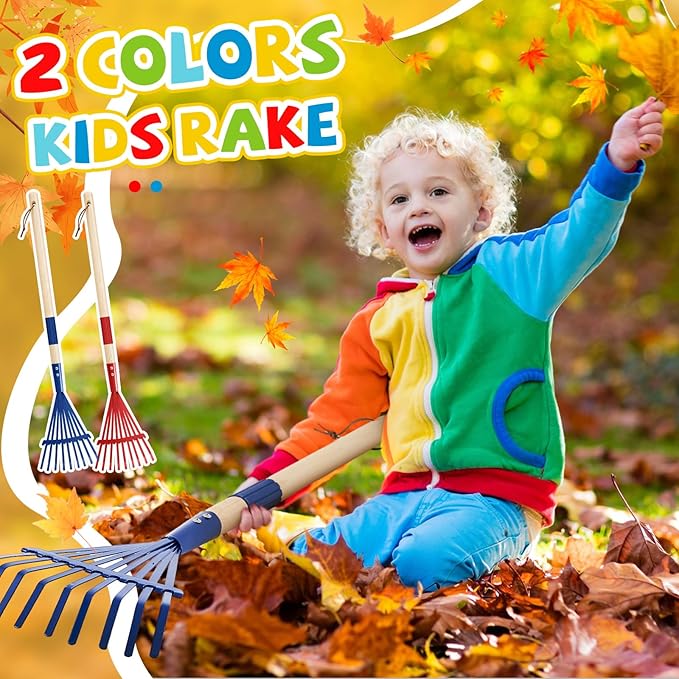 Suclain 2 Pcs Kids Rakes with Hardwood Handle Small Rake Child Size for Gardening Kids Yard Tools Multicolor 28'' Mini Rake for Leaves Lightweight for Children Garden Leaf Tools