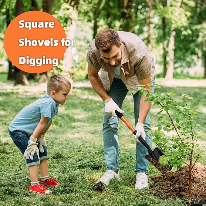 Small Square Shovel 43.3Inches Heavy Duty Garden Tools with Metal Handle, Small Transfer Spade for Digging Camping Car Beach Shovel, Orange