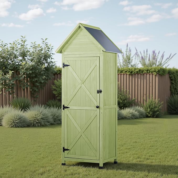 Wooden Outdoor Storage Cabinet,Tall Vertical Garden Tool Shed with Waterproof Metal Roof & Adjustable Feet – Perfect for Yard, Patio, Lawn & Deck (Green, 22" x 26" x 67")