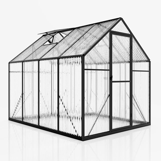 Amerlife 6x8x6.3 FT Ft Polycarbonate Greenhouse for Outdoors, Walk-in Design with Aluminum Frame, 2 Windows and Swing Door, Heavy-Duty Greenhouse Construction for Garden, Black