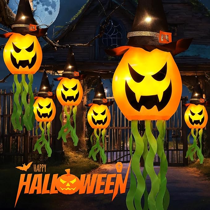 Halloween Decorations Outdoor Decor Hanging Lighted Glowing Pumpkin Witch Hat with 3 Modes Lighted Up Scary Orange Halloween Decorations for Indoor Outside Party Yard Tree Garden (6Pcs)