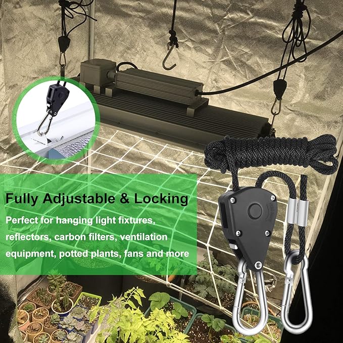 Rope Clip Hanger, 8 Packs 1/8 in Reinforced Adjustable Height Anti-Loose Design Metal Gears Clip for Growing Light Fixtures, Hanging Plants, 8 FT Length 150lbs Weight Capacity