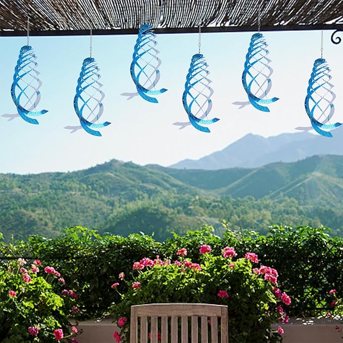 Hausse 6 Pack Bird Repellent Spiral Reflectors Blue Mylar Spinner, Garden Decorative Scare Birds Away, Like Woodpeckers, Pigeons and Geese