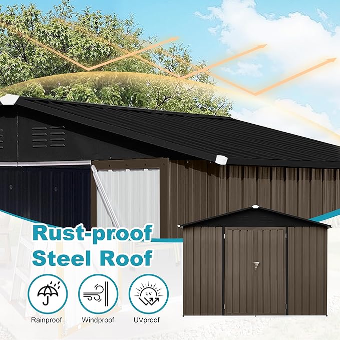 Storage Shed 8ft×6ft Classic Apex Roof Tool Shed Outdoor Storage Metal Garden Storage Sheds Tool Cabinet with Hinged Door Syste for Backyard, Patio, Poolside, Brown + Black