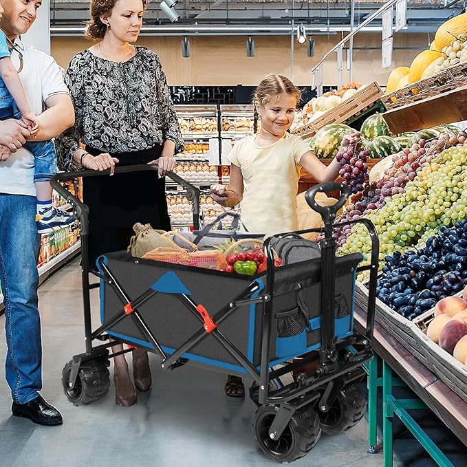 Taifa Foldable Collapsible Wagon Cart with Extra Push Pull Handle, Heavy Duty Portable Folding Beach Utility Grocery Wagon Cart with Big Wheels and Brakes for Sand, Camping, Shopping, Black and Blue