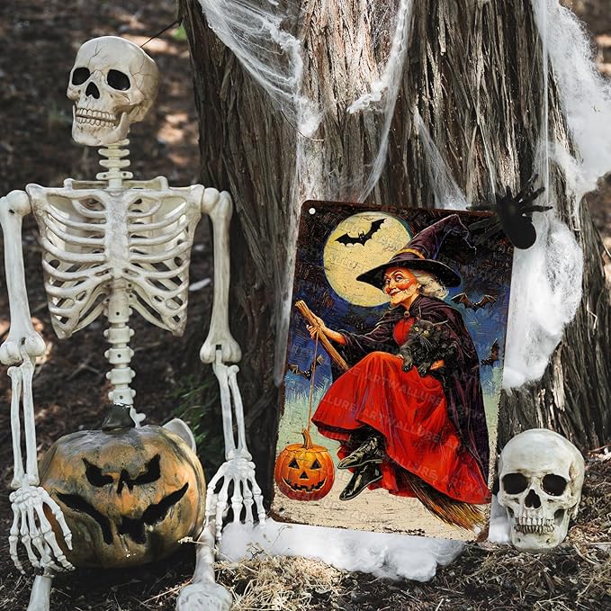 Witch Flying Broom Vintage Sign Halloween Cat Metal Tin Sign Full Moon Bat Pumpkin Poster 8x12inch