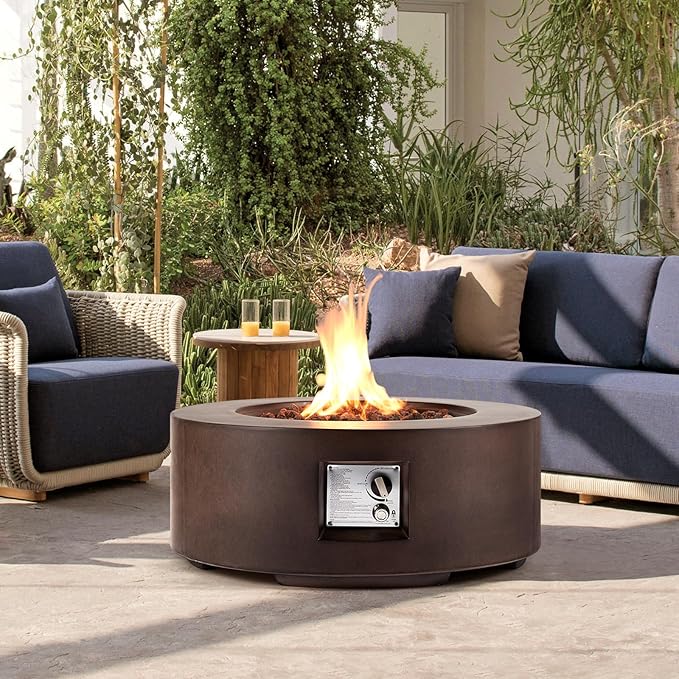 ECOTOUGE Round Gas Fire Pit, 30 Inch Outdoor Propane Firepit Table, Steel Fire Table w/50,000 BTU Auto-Ignition, Weather-Resistant Pit Cover, Lava Rocks, No Tank Holder, Brown