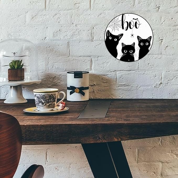 PEACHGARDEN Black Cat Halloween Metal Tin Sign Vintage Gothic Decor Boo Plaque Spooky Wall Art Retro Iron Painting for Home Porch Bar 8x8inch