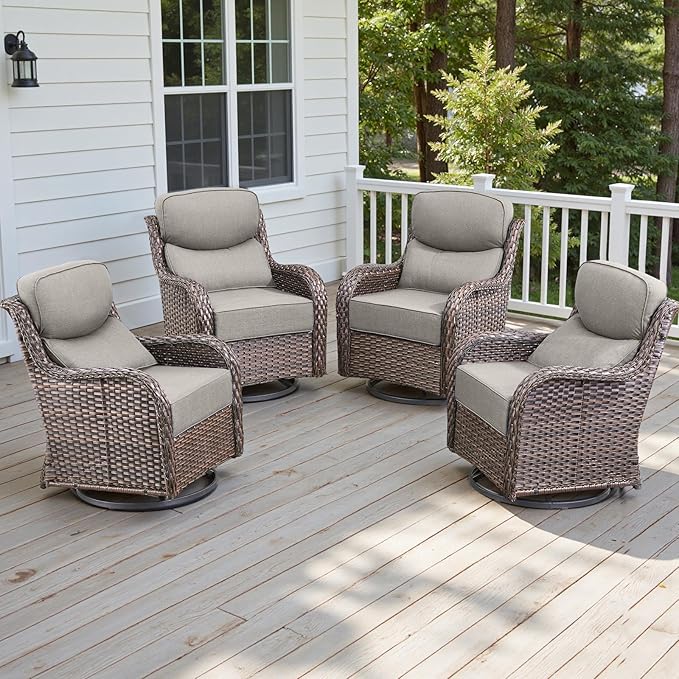 4 Piece Outdoor Patio Swivel Rocker Chairs, Waterproof Wicker, High Back, Deep Seating, Wide Armrest, Upgraded 6 inch Thick Cushions, Ideal for Deck Porch Backyard, Brown/Beige