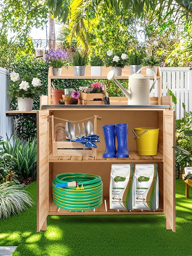Kalolary Potting Bench for Outside Garden Potting Table with Storage Cabinet Foldable Shelf Multipurpose Garden Workstation Wooden Outdoor Potting Bench for Patio Garden Horticulture