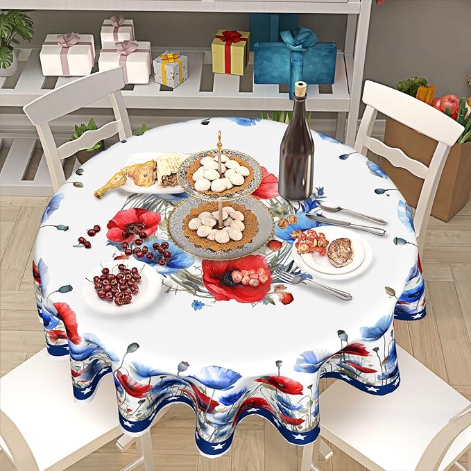 4th of July Round Tablecloth 60 Inch Patriotic Watercolor Poppy Flower Stars Kitchen Table Cloth Independence Memorial Day Heat Resistant Washable Reusable Tables Cover for Party Picnic Dinner Decor