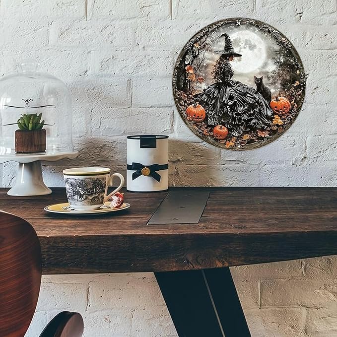 PEACHGARDEN PEACHGARDEN Round Happy Halloween Black Cat Vintage Sign Halloween Witch Metal Tin Sign for Home Bar Kitchen Hotel Dining Room Coffee 12x12inch